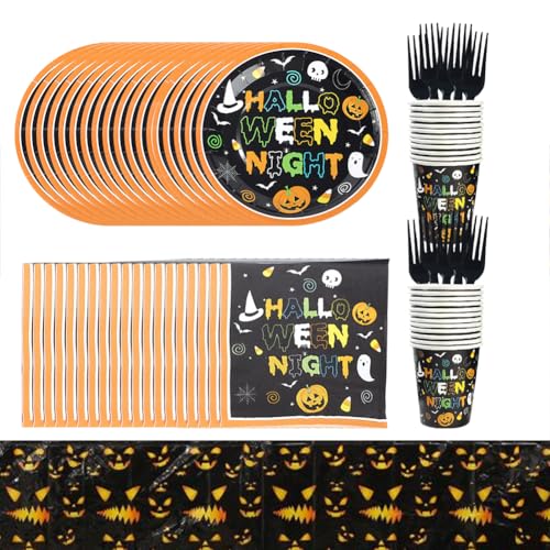 OFKAFEZV Halloween Geschirr Sets 97pcs Halloween Themengeschirr, Party Papierteller, Pappbecher, Servietten, Tischtücher, Jungen, Mädchen, Party-Dekorationen, Geschirr-Zubehör Für 24 Personen von OFKAFEZV