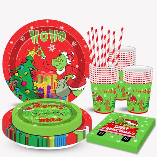 OFKAFEZV Gr-inch Party Geschirr 80Pcs Weihnachten Partygeschirr Set, Xmas Partygeschirr, Geeignet für Weihnachtsfeier Themenpartys, Verfügbar für 20 Gäste von OFKAFEZV