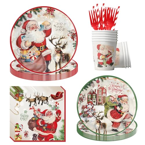 OFKAFEZV Weihnachts Partygeschirr,100 Stück Weihnachten Party Geschirr Set, Pappbecher Teller Servietten Strohhalme für Kinder Weihnachten Tischdekofür Weihnachten Party Deko Partyzubehör von OFKAFEZV