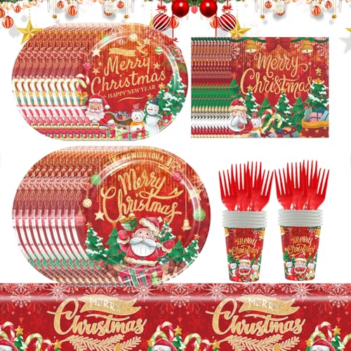 Weihnachten Partygeschirr Set Geschirr mit Weihnachtsmotiven 81 Stück Weihnachten Geschirr Weihnachten Pappteller , Mit Tellern, Geschirr, Papierhandtuch, Tischdecken, Pappbecher, Für Weihnachten Part von OFKAFEZV