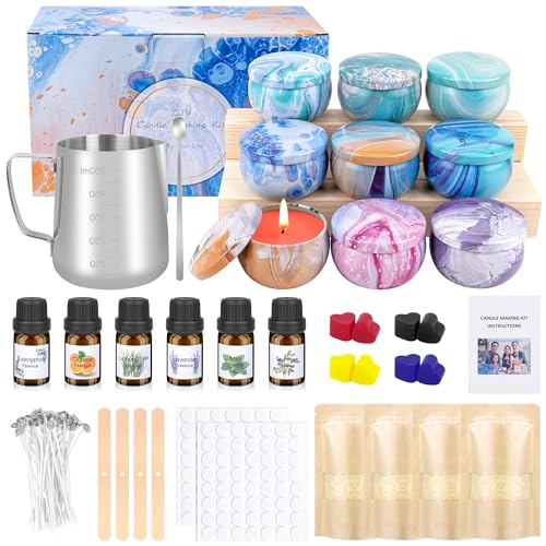 OFUN Kerzen Selber Machen Set für Starter DIY Duftkerze Geschenke, Kerzenherstellung Kit mit 480g Sojawachs, 9 Kerzendosen, 6 Duftöl, 8 Farbblöcken,100 Candle Wicks und 112 Dochtaufkleber von OFUN