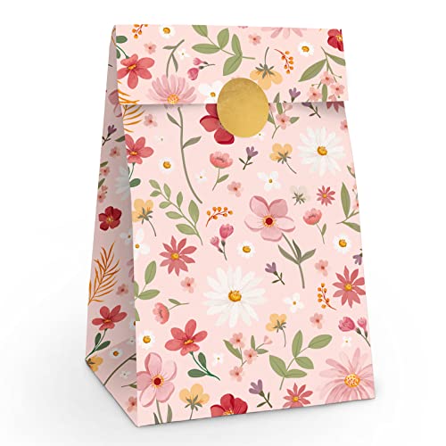 4 Geschenktüten, 7,5 x 11,5 x 20,5 cm, rosa mit Blumendruck, Süßigkeitentüte, Party, Fußball, Tasche und Süßigkeitenboxen (rosa Blumenbeutel) von OH YEAH