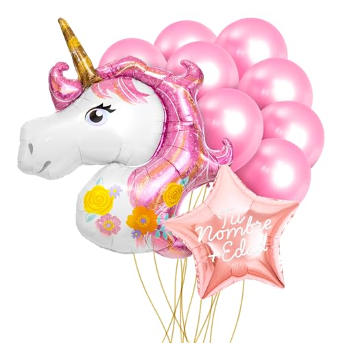 OH YEAH Personalisierbares Einhorn-Luftballon-Set, Folienballon, rosa Stern, Folienballon + 10 rosa Latex-Luftballons, personalisierbarer Name, Helium, wählen Sie Ihren Namen + Alter von OH YEAH