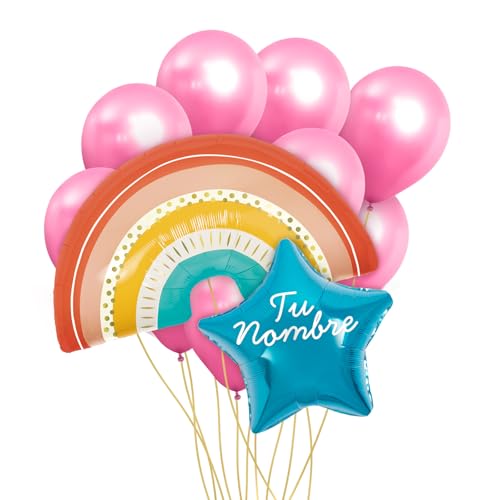 OH YEAH Personalisierbares Regenbogen-Luftballon-Set, Folienballon, blauer Stern, 10 Regenbogen-Folienballons, 10 rosa Latex-Luftballons, personalisierbarer Name, Helium, personalisierter Ballon, von OH YEAH