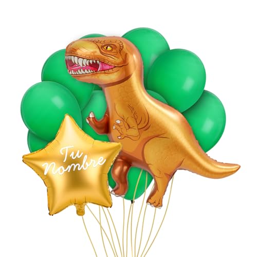 OH YEAH Personalisierbares T-Rex-Luftballon-Set, Folienballon, goldener Stern + Folienballon Dino + 10 grüne Latex-Luftballons, personalisierbarer Name, Helium, personalisierter Ballon, wählen Sie von OH YEAH