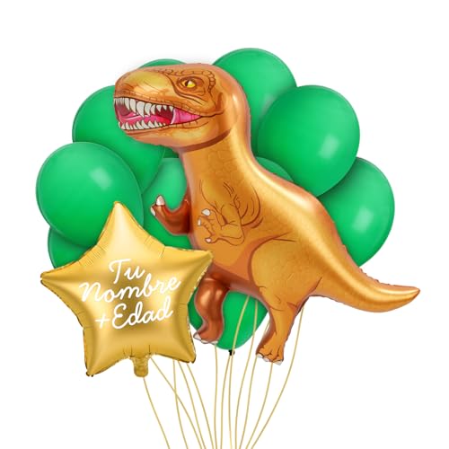 OH YEAH Personalisierbares T-Rex-Luftballon-Set, Folienballon, goldener Stern + Folienballon Dino + 10 grüne Latex-Luftballons, personalisierter Name, Helium, personalisierter Ballon, wählen Sie Ihren von OH YEAH