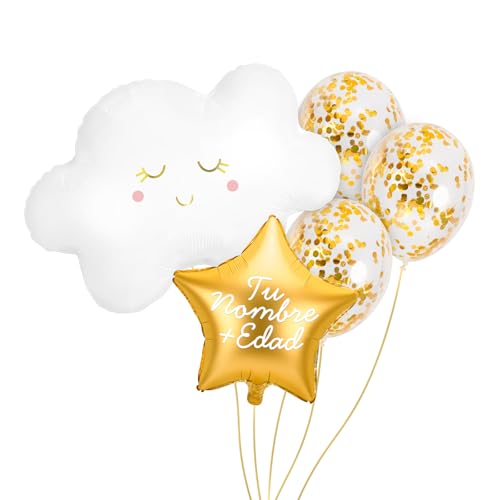 OH YEAH Personalisiertes Wolkenballon-Set, Folienballon, goldener Folienballon, Wolkenballon, 3 Konfetti-Luftballons, personalisierbarer Name, Helium, personalisierter Ballon, wählen Sie Ihren Namen + von OH YEAH