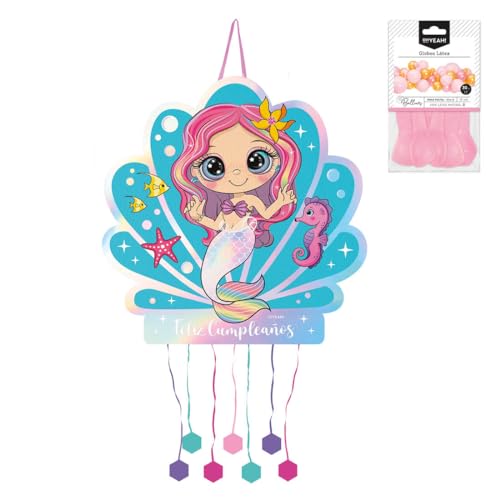 OH YEAH Piñata, Meerjungfrau, groß, 43,8 x 44,4 cm + 10 rosa Luftballons, 30 cm, Dekoration für Kinderpartys, große Pinata zum Befüllen, Spielzeug und Süßigkeiten, einfach zu befüllen von OH YEAH
