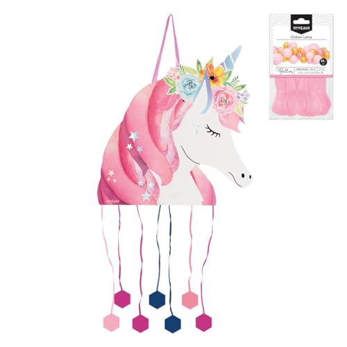OH YEAH - Piñata Einhorn Geburtstag groß 40,5 x 43 cm + 10 rosa Luftballons 30 cm - Dekoration für Kinderpartys - große Pinata zum Befüllen - Spielzeug und Leckereien - einfach zu befüllen von OH YEAH