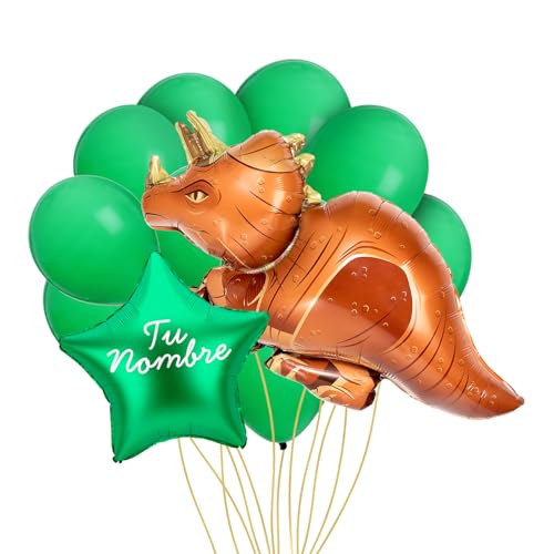 OH YEAH Triceratops-Luftballon-Set, Folienballon, grüner Stern + Folienballon Dino + 10 grüne Latex-Luftballons, personalisierbarer Name, Helium, personalisierbarer Ballon, wählen Sie Ihren Namen von OH YEAH