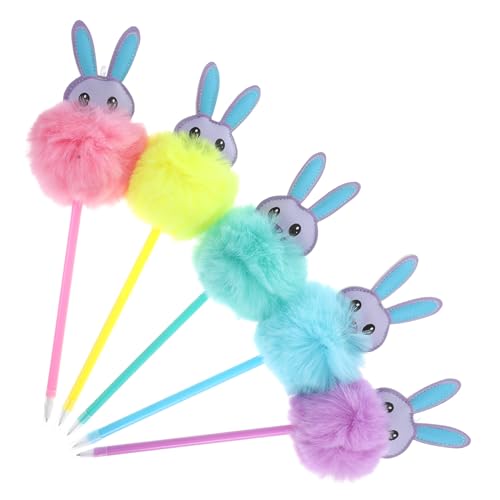 OHPHCALL Flauschige Fell-Pom-Pom-Stifte 5 Stück Hase Kawaii Schulbedarf Stifte Niedliche Cartoon-Gel-Tintenstifte Punktstifte Cartoon-Kugelschreiber Für -Partygeschenke von OHPHCALL