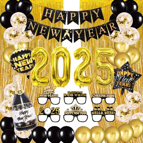 OHWOKIKY 2025 Happy New Year Dekorationen, Happy New Years Luftballons Schwarz und Gold, Banner und Gläser Set für Silvester Party Dekorationen Supplies von OHWOKIKY