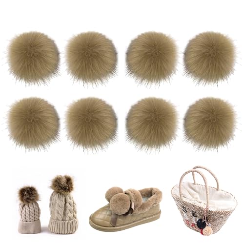 OHYER 8 Stück Khaki Kunstpelz Flauschige Pompons Ball mit elastischer Schlaufe abnehmbare DIY Pelz Pom Poms kunstpelz pompon plüschball bommel kunstfell bommel 10cm Set Tasche & Hut Charms (Braun) von OHYER