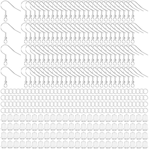 OIIKI 100 Sets Ohrringhaken für Schmuckherstellung, versilberte Ohrring-Fundstücke, Metall-Binderinge, transparente Gummi-Ohrring-Verschlüsse für DIY-Schmuckhandwerk für Frauen von OIIKI