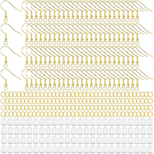 OIIKI 100 Sets Ohrringhaken zur Schmuckherstellung, vergoldete Ohrring-Fundstücke, Metall-Binderinge, transparente Gummi-Ohrring-Verschlüsse für DIY-Schmuckhandwerk für Frauen von OIIKI