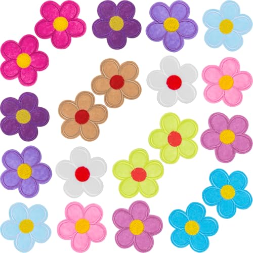 OIIKI 20 Stück Blumen zum Aufbügeln, bunte 5 Blütenblätter, Blumen-Applikation, 5,2 x 5,2 cm, niedlich, zum Aufnähen auf Taschen, Jacken, Jeans, Kleidung, DIY Patches von OIIKI