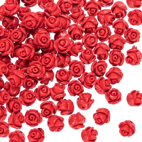 OIIKI 30 Stück Cinnabar geschnitzte Rosenperlen, 8 mm rote Rosen-Anhänger für Schmuckherstellung, Blumenschnitzerei lose Perlen von OIIKI