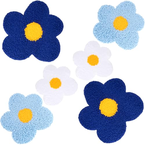 OIIKI 6 Stück Blumen zum Aufbügeln, niedliche bestickte Chenille-Applikation, Aufnähflicken für Taschen, Jacken, Jeans, Kleidung – Weiß, Hellblau, Dunkelblau von OIIKI