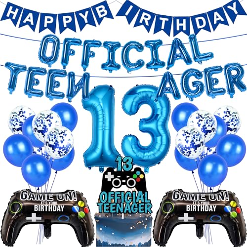 13 Geburtstag Teenager Junge Deko - 40 Pcs Blau Official Teenager Luftballons Geburtstagsbanner Nummer 13 Folienballons Konfetti Ballons Dekorationen Zum 13. Geburtstag für Jungen von OIODDYY