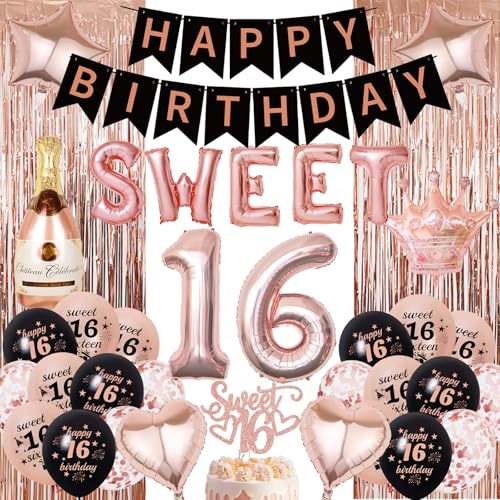 16 Geburtstag MäDchen Schwarz Roségold - 36 Pcs Sweet Rosegold Schwarz Deko Set 16th Ballons Happy Birthday Banner Girlande Konfetti Luftballon FüR Frauen MäDchen Geburtstag Deko Party Deko Supplies von OIODDYY