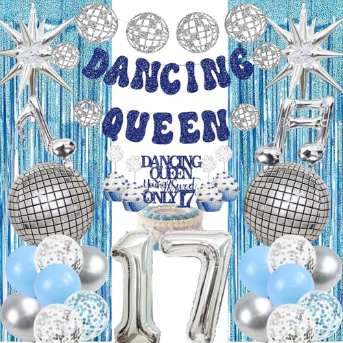 17 Geburtstag MäDchen Dancing Queen - 30 Pcs Dekoration Set Tanzende KöNigin Banner Konfetti Disco Folienballons Regen Vorhang Tortendeko FüR Ihre Mamma Mia Junggesellinnenabschied Und Disco Party von OIODDYY