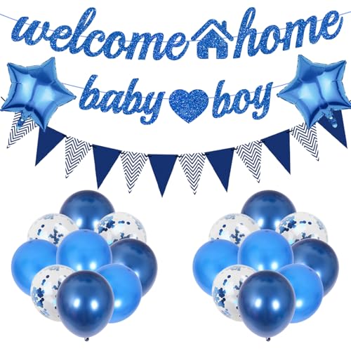 Babyparty Deko Willkommen Zuhause Set - 22 Pcs Gender Reveal Party Deko Baby Shower Taufe Boy Ballons Wimpelkette Kinderzimmer Gender Reveal Party Welcome Home Baby Boy Herzlich Girlande von OIODDYY