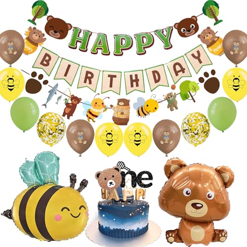 Biene Geburtstag Deko Party Folienballon - 16 Stück Happy Birthday banner 1 Jahr Geburtstag Tortendekoration Bären Bee Folienballons Für Babyparty Deko Kindergeburtstag Bienen Thema Dekorationen von OIODDYY