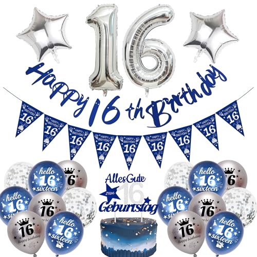 Deko 16 Geburtstag MäDchen Junge - 23 Pcs Blau Und Silber Deko Kit Stern Latex Foil Konfetti 16th Luftballons Banner Wimpel TortenaufsäTze FüR Geburtstagsparty FüR Jungen Und MäDchen Organisieren von OIODDYY