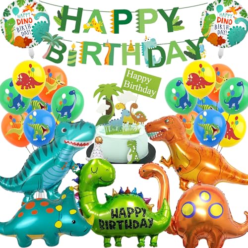 Dinosaurier Geburtstag Party Deko Set - 25 pcs Dino Kindergeburtstag deko alles gute zum geburtstagsbanner Kuchendeckel Kinder Dino Luftballon Grün Dinosaurier-Aufdruck Luftballons für Dschungel Party von OIODDYY