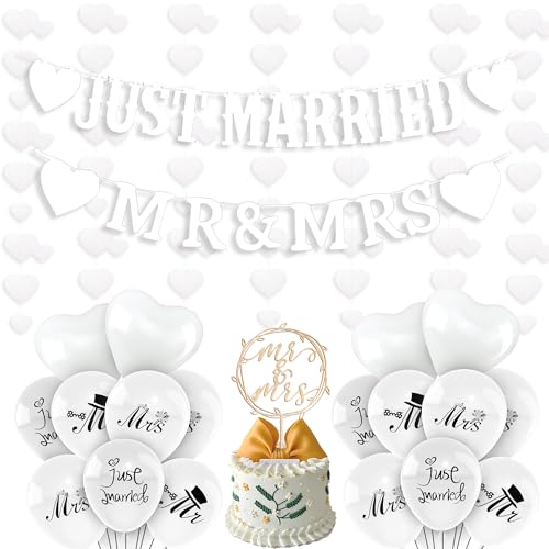 Hochzeit Just Married Deko Girlande - 27 Stück Just Married Banner Drucken Mr Mrs Latexballon Herzförmiger Ballon Cake Topper Für Hochzeit Fest Engagement Brautdusche Party Dekoration von OIODDYY