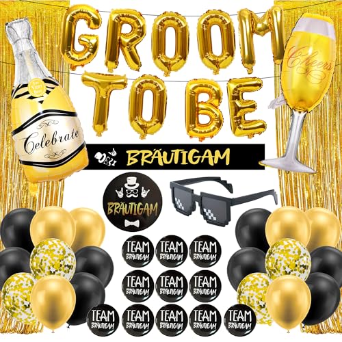 JGA Deko Männer Bräutigam Luftballons - 44 Stück Gold Groom To Be Alphabet Folienballons Banner Anstecker Schärpe Für Junggesellenabschied Männer Vorschlag Engagement Hochzeit Decorations Supplies von OIODDYY