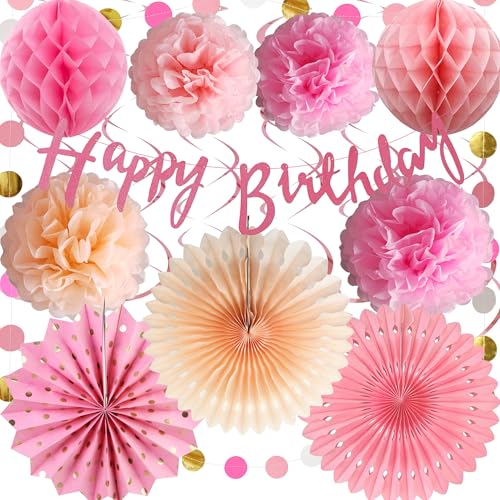 Mädchen Happy Geburtstag Deko Party - 12 Stück Rosa Happy Birthday Banner Papierfächer Blumen Faltfächer Wabenball Für Kindergeburtstag Tea Party Tischdeko Baby Shower Backdrop Garland Dekoration von OIODDYY