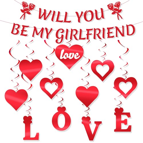 Rot Herz Verlobung Deko Set - 12 Stück Will You Be My Girlfriend Banner Herzform Brief Love Spiral Für Valentinstag Heiratsantrag Verlobung Hochzeit Single Party Romantische Deko von OIODDYY