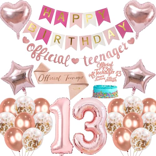 Teenager 13 MäDchen Geburtstag Deko - 26 Stück Roségold Offizielle Teenager Happy Birthday Banner Nummer 13 Luftballons Herz Stern Folienballon Tortendeko Für Mädchen Geburtstagsdeko Jubiläumsparty von OIODDYY