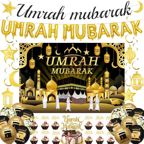 Umrah Mubarak Deko Ramadan Set - 49 Pcs Party Schwarz Gold Girlande Konfetti Kanone Luftballons FüR Muslim Party Islamische Festival Eid Mubarak Dekoration Geburtstag Schwarz Gold PartyzubehöR von OIODDYY