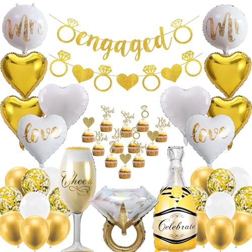 Verlobung Deko Gold Engaged Luftballons - 44 Stück Engaged Banner Herzballons Diamantene Ring Folienballon Für Valentinstag Geständnis Heiratsantrag Verlobung Hochzeit Party Dekoration von OIODDYY