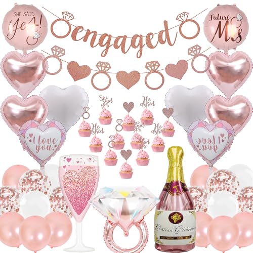 Verlobung Deko Hochzeit Banner Luftballon - 50 Stück Roségold Engaged Banner Herzballons Diamantene Ring Folienballon Für Valentinstag Geständnis Heiratsantrag Verlobung Hochzeit Party Dekoration von OIODDYY