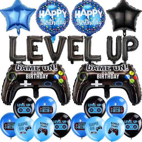 Videospiel Geburtstag Deko Party Luftballon - 25 Stück Schwarz LEVEL UP Brief Folienballon Banner Gamepad Fünfzackiger SternFolienballon Für Kinder Geburtstag Spielthemen Gamer Deko Party Dekoration von OIODDYY