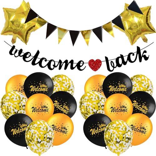 Welcome Back Deko Banner Ballon - 22 Stück Welcome Back Banner Gold Dreieck Flagge Fünfzackiger Stern Aluminiumfolie Luftballons Für Heimkehr Willkommen Zuhause Babyshowerparty von OIODDYY