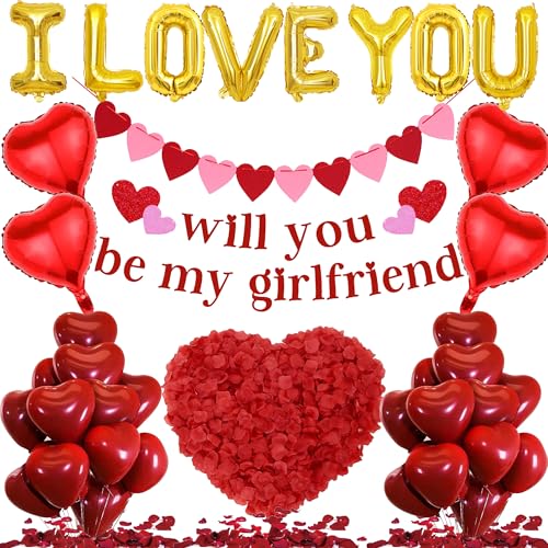 Will You Be My Girlfriend - 534 Stück Will You Be My Girlfriend Banner Gold I Love You Folienballon Herz Ballons Künstliche Rosenblätter Für Valentinstag Geständnis Jubiläen Geburtstag Hochzeit Dekor von OIODDYY