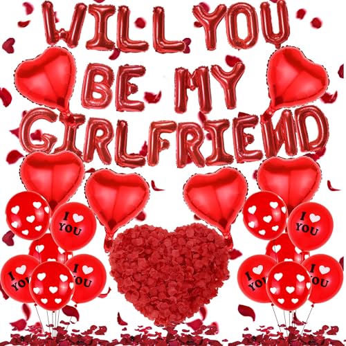 Will You Be My Girlfriend - 539 Stück Rot Will You Be My Girlfriend Folienballon Banner Herz Ballons ILoveYou Bedruckte Luftballons Rosenblätter Für Jubiläen Valentinstag Geständnis Hochzeit Dekor von OIODDYY