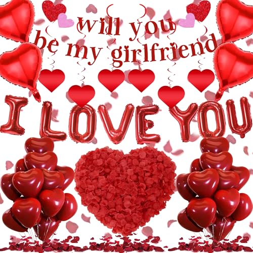 Will You Be My Girlfriend - 543 Stück Rot I Love You Buchstaben Folienballon Will You Be My Girlfriend Banner Herz Spiral Dekoration Für Valentinstag Geständnis Jubiläen Hochzeit Geburtstag Deko von OIODDYY