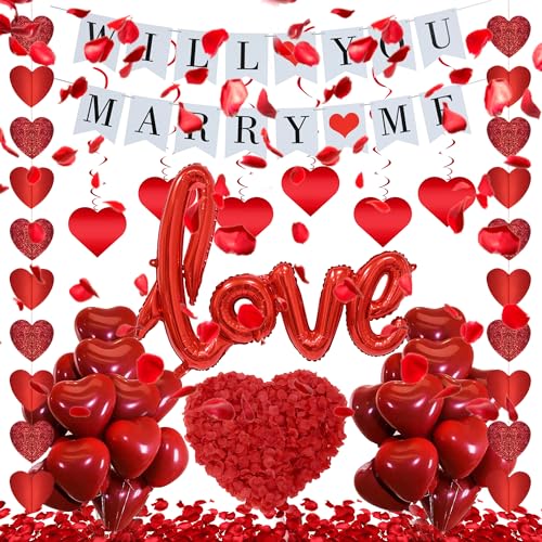 Will You Marry Me Luftballon - 535 Pcs Heiratsantrag Deko Willst Du Mich Heiraten Banner Red Love Folienballon Heart Ballons RosenbläTter für Antrag Hochzeit Valentinstag GestäNdnis Verlobung von OIODDYY