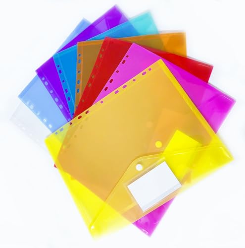 Dokumenten Mappen A4 Dokumententasche mit Klett-Verschluss 18C Dokumentenmappen zum Abheften sortiert durchsichtbar mehrfarbig transparent mit 11 Lochrand inkls. Etiketten (8, Mehrfarbig) von OJAYERR