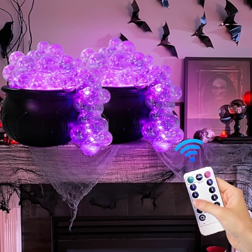 OKESYO 2 Stück Halloween Hexenkessel mit 46 Bubble Lichtkugel und Fernbedienung, DIY Halloween Hexen Kessel Deko mit Lichterkette, 8 Modi, Großer, Halloween Hexen Zubehör für Halloween, Party von OKESYO