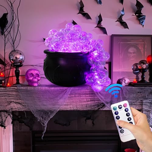 OKESYO Halloween Hexenkessel mit 24 Bubble Lichtkugel und Fernbedienung, DIY Halloween Hexen Kessel Deko mit Lichterkette, 8 Modi, Großer, Halloween Hexen Zubehör für Halloween, Karneval, Party von OKESYO