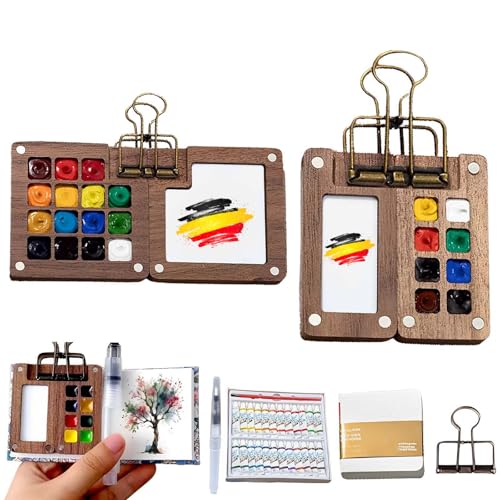 OKESYO Pocketartist Travel Set, 2 Sets Pocket Artist Travel Set Aquarell mit Binder-Clips, Mini Reise Set, Portable Paint Palette Travel Kit für Maler, Künstler, Studenten (Holz) von OKESYO