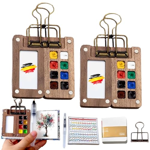 OKESYO Pocketartist Travel Set, 2 Sets Pocket Artist Travel Set Aquarell mit Binder-Clips, Mini Reise Set, Portable Paint Palette Travel Kit für Maler, Künstler, Studenten (Holz) von OKESYO