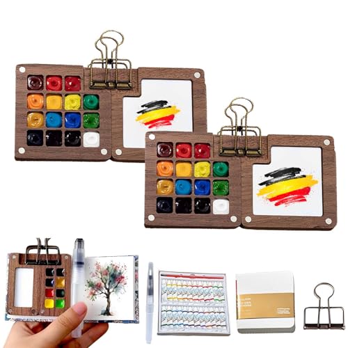 OKESYO Pocketartist Travel Set, 2 Sets Pocket Artist Travel Set Aquarell mit Binder-Clips, Mini Reise Set, Portable Paint Palette Travel Kit für Maler, Künstler, Studenten (Holz) von OKESYO