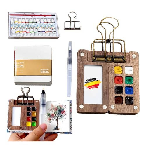 OKESYO Pocketartist Travel Set, Pocket Artist Travel Set Aquarell mit Binder-Clips, Mini Reise Set, Portable Paint Palette Travel Kit für Maler, Künstler, Studenten (Holz) von OKESYO